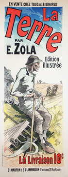 The Avdertising poster of promotion of the book "The Earth" by E. Zola in the vintage book Les Maitres de L'Affiche, by Roger Marx, 1897.