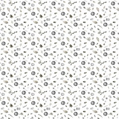 Abstract background with black and white circles. Watercolor pattern, hand drawn clip art ink style on white background. Doodle illustration, Ethnic color