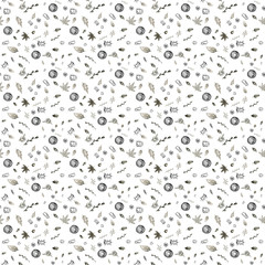 Abstract background with black and white circles. Watercolor pattern, hand drawn clip art ink style on white background. Doodle illustration, Ethnic color