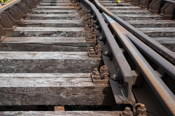 Damaged surface of rail road. No train passed this railroad for a long time