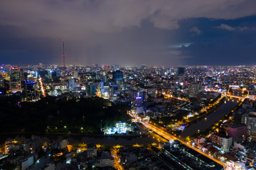 Fototapeta na wymiar Landscape at Ho Chi Minh city at night - at Viet nam by drone 