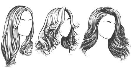 girl set, beautiful woman face, girl with beautiful hair hand drawn vector illustration sketch