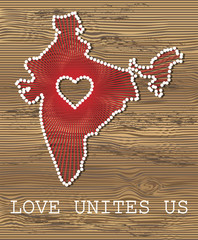 India art vector map with heart. String art, yarn and pins on wooden board texture. Love unites us. Message of love.