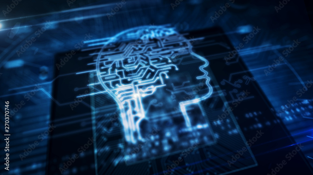 Wall mural cpu on board with ai head symbol hologram display