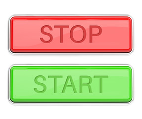 Stop and Start buttons. Red and green glass buttons. Square web icons. 3d rendering illustration isolated