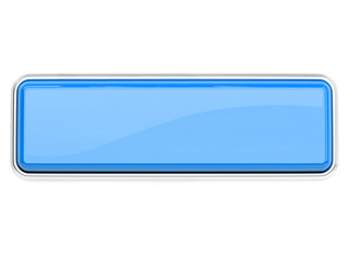 Blue glass button. Square push button with metal frame. 3d rendering illustration isolated