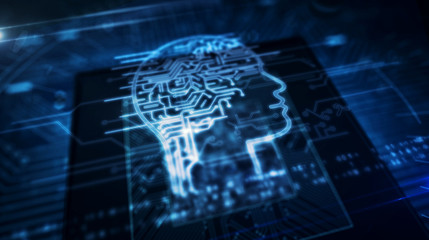 CPU on board with AI head symbol hologram display