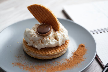 Waffle dessert on blue