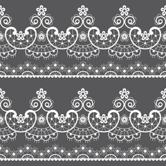 Decorative seamless lace pattern - vector lace repetitive emrboidery design, retro wedding art in white on gray background - obrazy, fototapety, plakaty