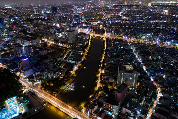 Landscape at Ho Chi Minh city at night - at Viet nam  by drone 