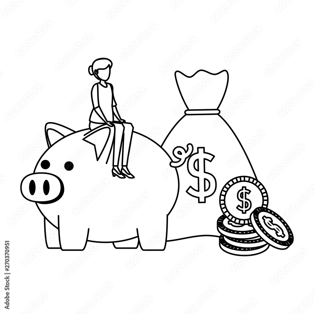 Sticker young woman with piggy savings and money sack