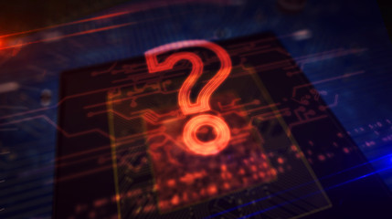 CPU on board with question mark symbol hologram display