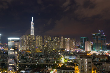Fototapeta premium Landscape at Ho Chi Minh city at night - at Viet nam by drone 