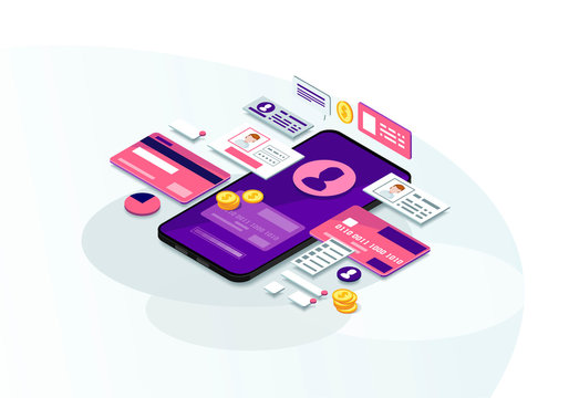 Mobile Banking Isometric Color Vector Illustration