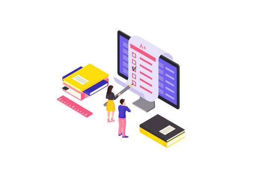 Online test isometric color vector illustration