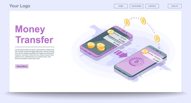 Global Money Transfer Web Page Vector Template With Isometric Il