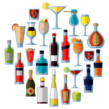 A large set of alcoholic cocktails and drinks in flat vector style
