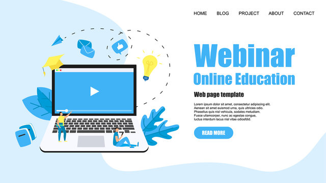 Web Template. Webinar, internet conference, web based seminar, online education, e-learning flat design concept	