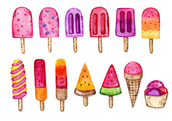 Ice cream. Watercolor illustration. Hand drawn illustration. Set for design