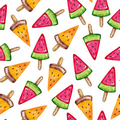Ice cream. Watercolor illustration. Hand drawn illustration. Seamless pattern