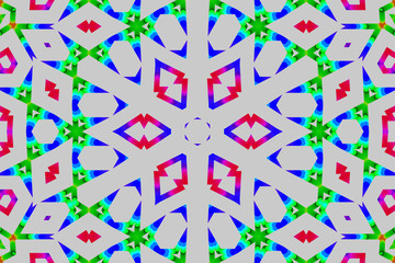 Beautiful colorful kaleidoscope pattern design in red, green and blue color on white background. Abstract kaleidoscope background.Unusual kaleidoscope texture.