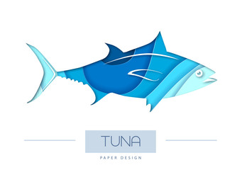 Vector illustration of Fish tuna silhouette. Cut out paper art style design.