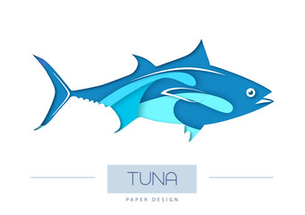 Vector illustration of Fish tuna silhouette. Cut out paper art style design.