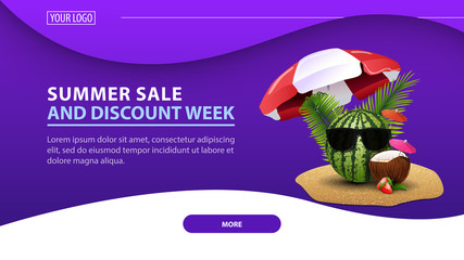Summer sale and discount week, modern horizontal discount web banner for your website with watermelon in glasses under a beach umbrella