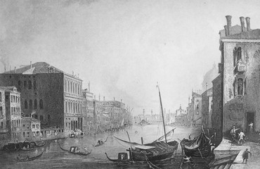 The view of the big channel in Venice by Canaletto engraved in the vintage book the Painting Galleries of Europe, by M.O. Wolf, 1863 - 270374109