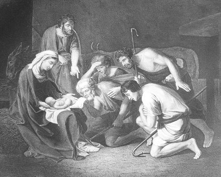 Worship of shepherds by Nicolas Poussin engraved in the vintage book the Painting Galleries of Europe, by M.O. Wolf, 1863
