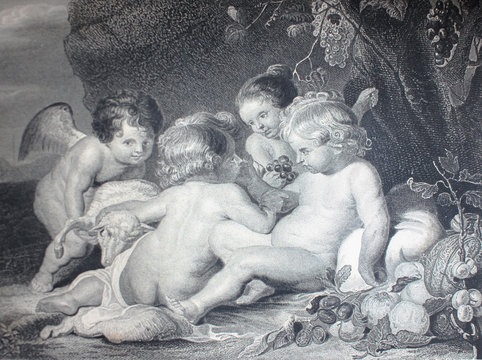Jesus and John as babies by Rubens engraved in the vintage book the Painting Galleries of Europe, by M.O. Wolf, 1863