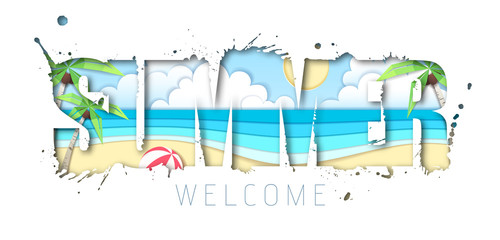 Summer typography poster with beach and ocean waves. Cut out paper art style design