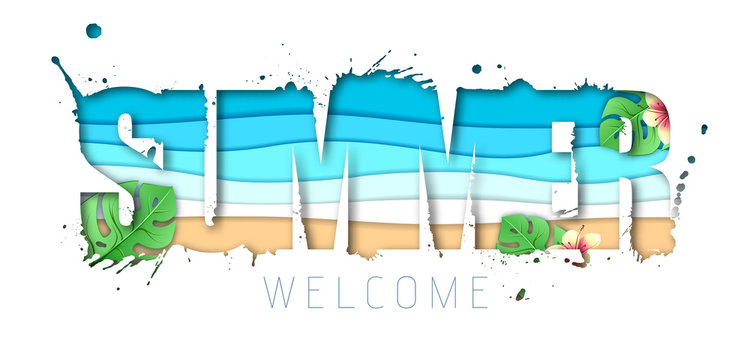 Summer typography poster with beach and ocean waves. Cut out paper art style design