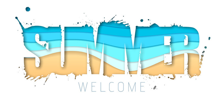 Summer typography poster with beach and ocean waves. Cut out paper art style design