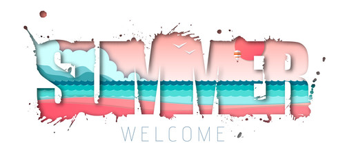 Summer typography poster with beach and ocean waves. Cut out paper art style design