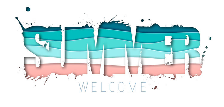 Summer typography poster with beach and ocean waves. Cut out paper art style design