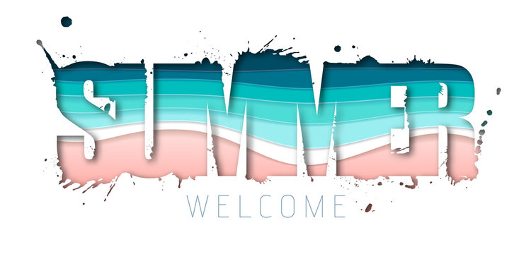 Summer typography poster with beach and ocean waves. Cut out paper art style design