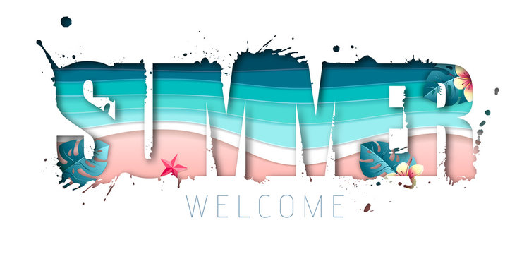 Summer typography poster with beach and ocean waves. Cut out paper art style design