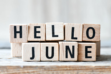 Hello June. Wooden letters spelling Hello June on wooden background