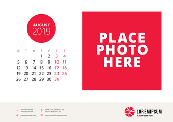 August 2019. Desk calendar design template with place for photo. Week starts on Monday. Vector illustration