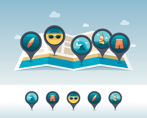 Summer pin map icon located on map. Vacation