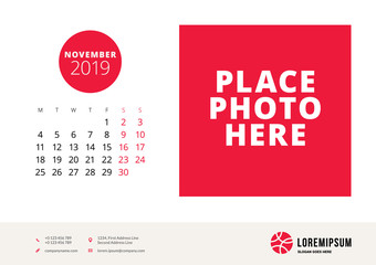 November 2019. Desk calendar design template with place for photo. Week starts on Monday. Vector illustration