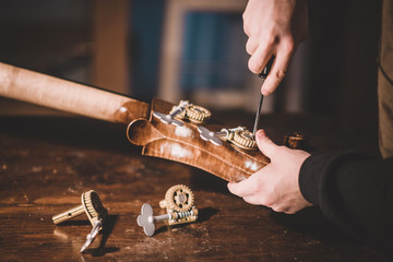 hands of artisan luthier screwing, building a double bass
