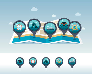 Journey pin map icon located on map. Vacation