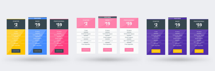 Pricing table design template for websites and applications. Set of three different color variations. Vector pricing plans. Flat style vector illustration
