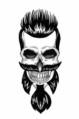 Monochrome illustration barbershop of skull with beard, mustache, hipster haircut and on white background, cartoon, angry, beautiful, brutal.