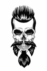 Fototapeta premium Monochrome illustration barbershop of skull with beard, mustache, hipster haircut and on white background, cartoon, angry, beautiful, brutal.