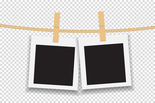 Blank photo frame hanging on line or rope. Vector illustration
