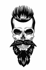 Monochrome illustration barbershop of skull with beard, mustache, hipster haircut and on white background, cartoon, angry, beautiful, brutal.