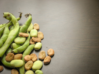 Closeup of dry and fresh broad beans seeds (Vicia faba) and  fresh picked raw broad beans in the pod on wooden table